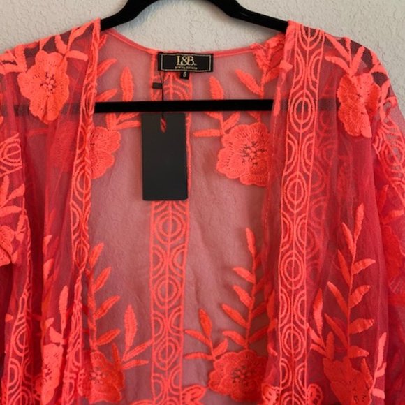 Coral Lace Duster with 3/4 Sleeves Kimono - Picture 6 of 7